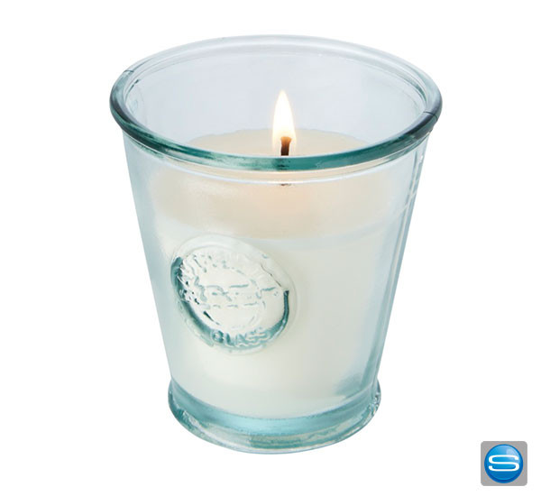 Sojakerze mit Halter aus recyceltem Glas als Werbeartikel