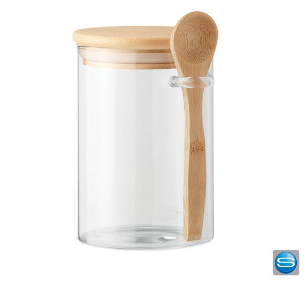 Aufbewahrungsglas mit Verschluss und Löffel aus Bambus individuell mit Logo bedruckt