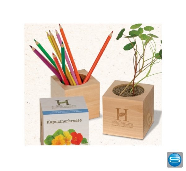 Holzwürfel mit Blumensamen als Werbeartikel
