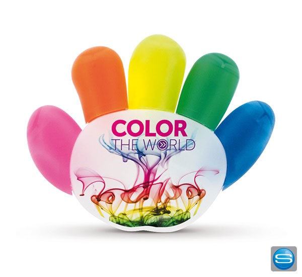 Textmarker in Handform mit 5 Leuchtstiften mit Logo bedrucken