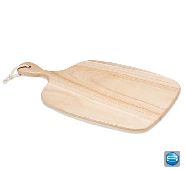 Schneidebrett aus Paulownia-Holz mit Aufhänger aus Jute mit Logo gravieren