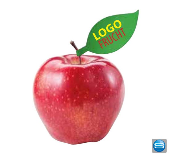 Apfel mit beidseitig bedruckbarem Apfelblatt als Werbeträger mit eigenem Logo