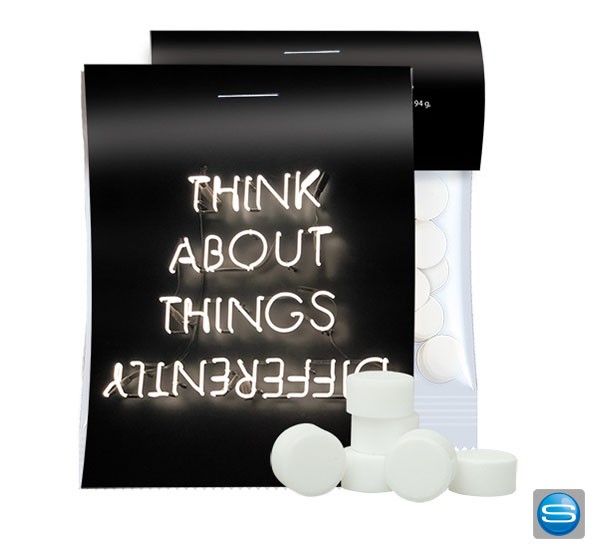 Zuckerfreier Pfefferminz mit individuell bedruckbarem Werbereiter