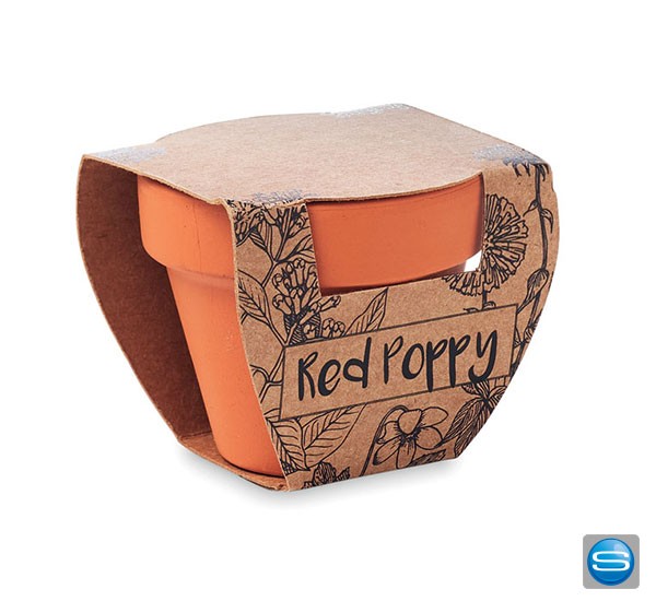 Blumentopf mit Mohnblumensamen als Werbegeschenk mit Logo bedrucken