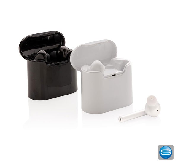 Kabellose Kopfhörer in Box zum Laden als Give Away mit Logo bedrucken