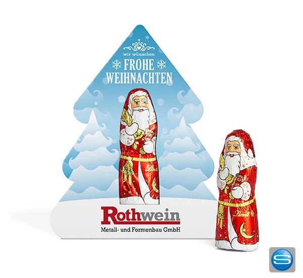 Nikolaus in einer individuell bedruckbaren Klemmkartonage in Form einen Tannenbaumes