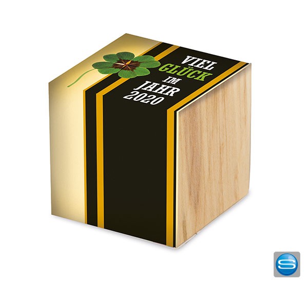 Glücksklee im Holzwürfel als Werbegeschenk