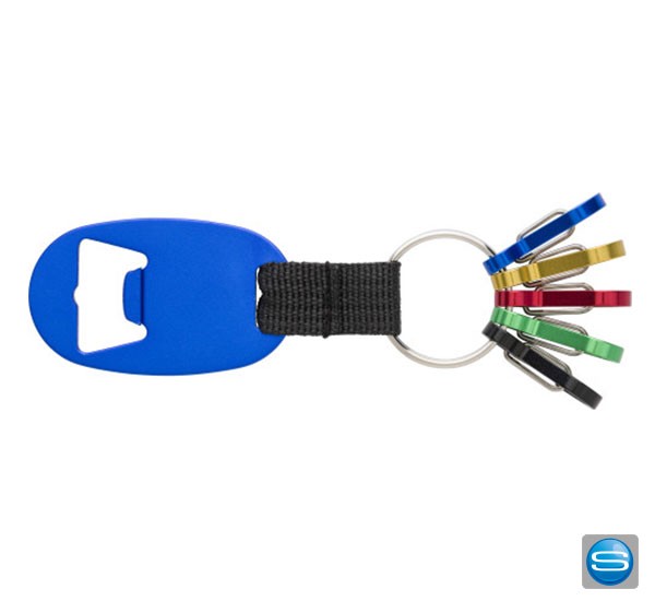 Schlüsselanhänger mit Flaschenöffner und Karabinerhaken als Werbegeschenk bedrucken