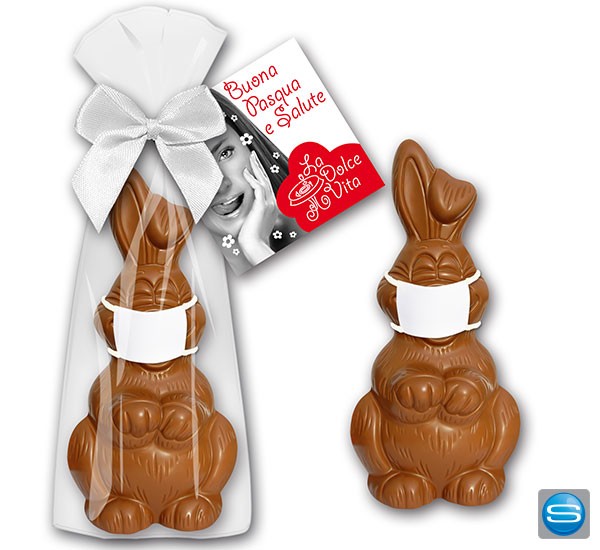 Osterhase mit Mundschutz als Werbegeschenk